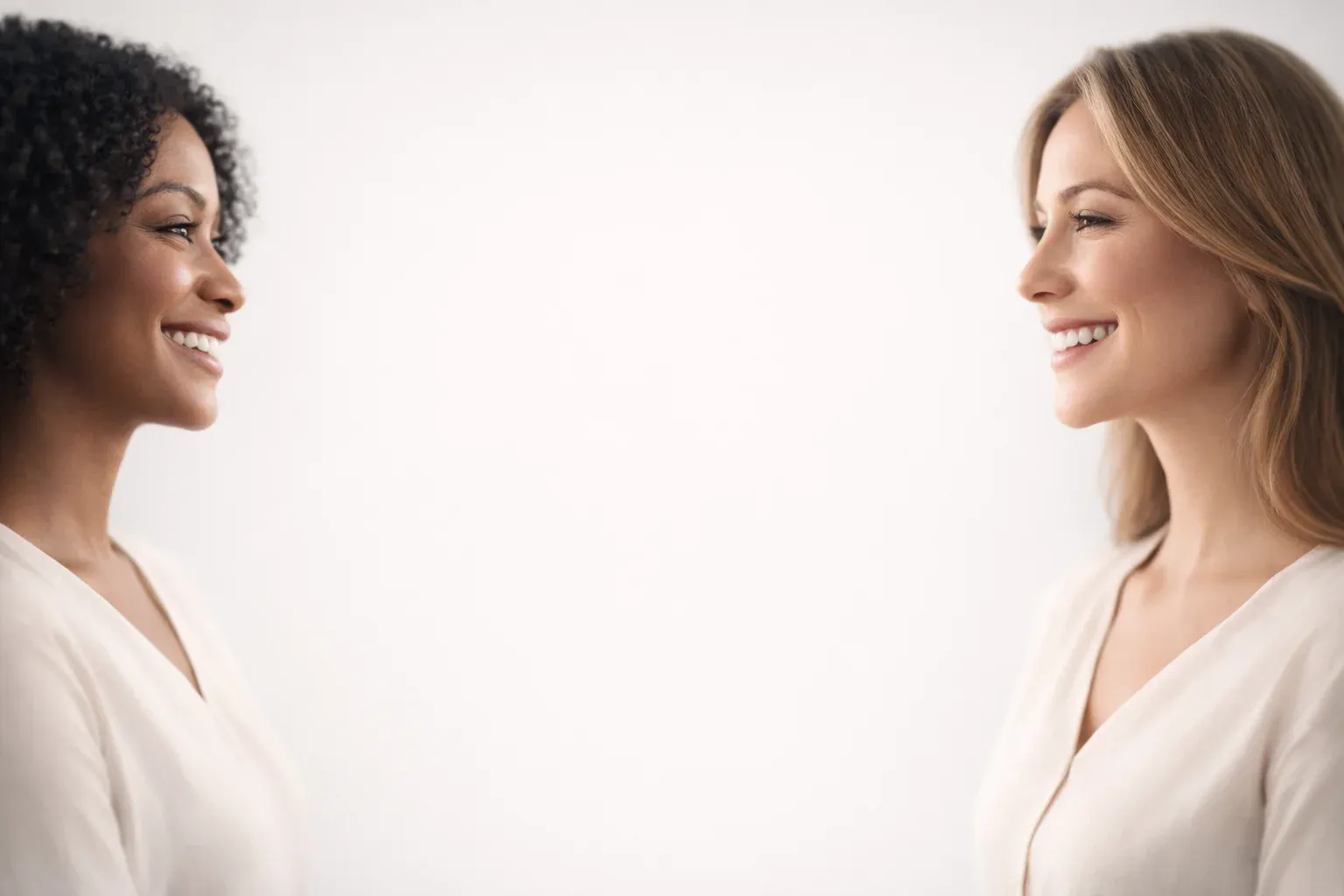 Two smiling women facing each other